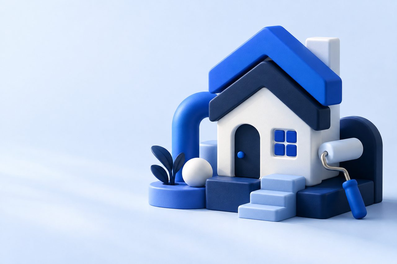 Blue Taskovery house illustration with a paint roller and tools