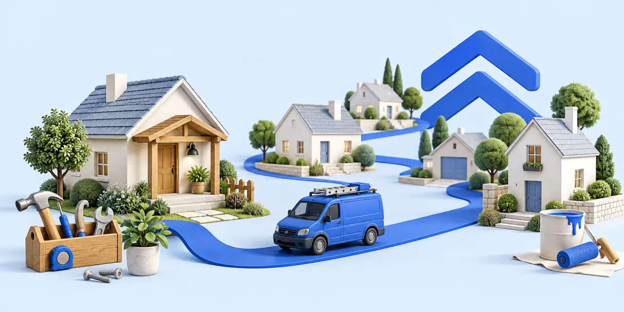 Taskovery-blue paths connecting homes, a work van and tools