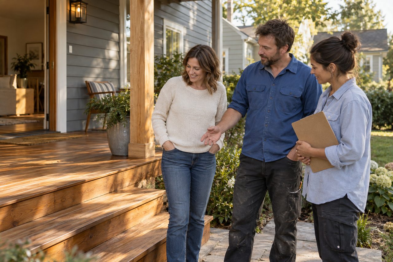 A homeowner and two contractors discussing a timber porch.